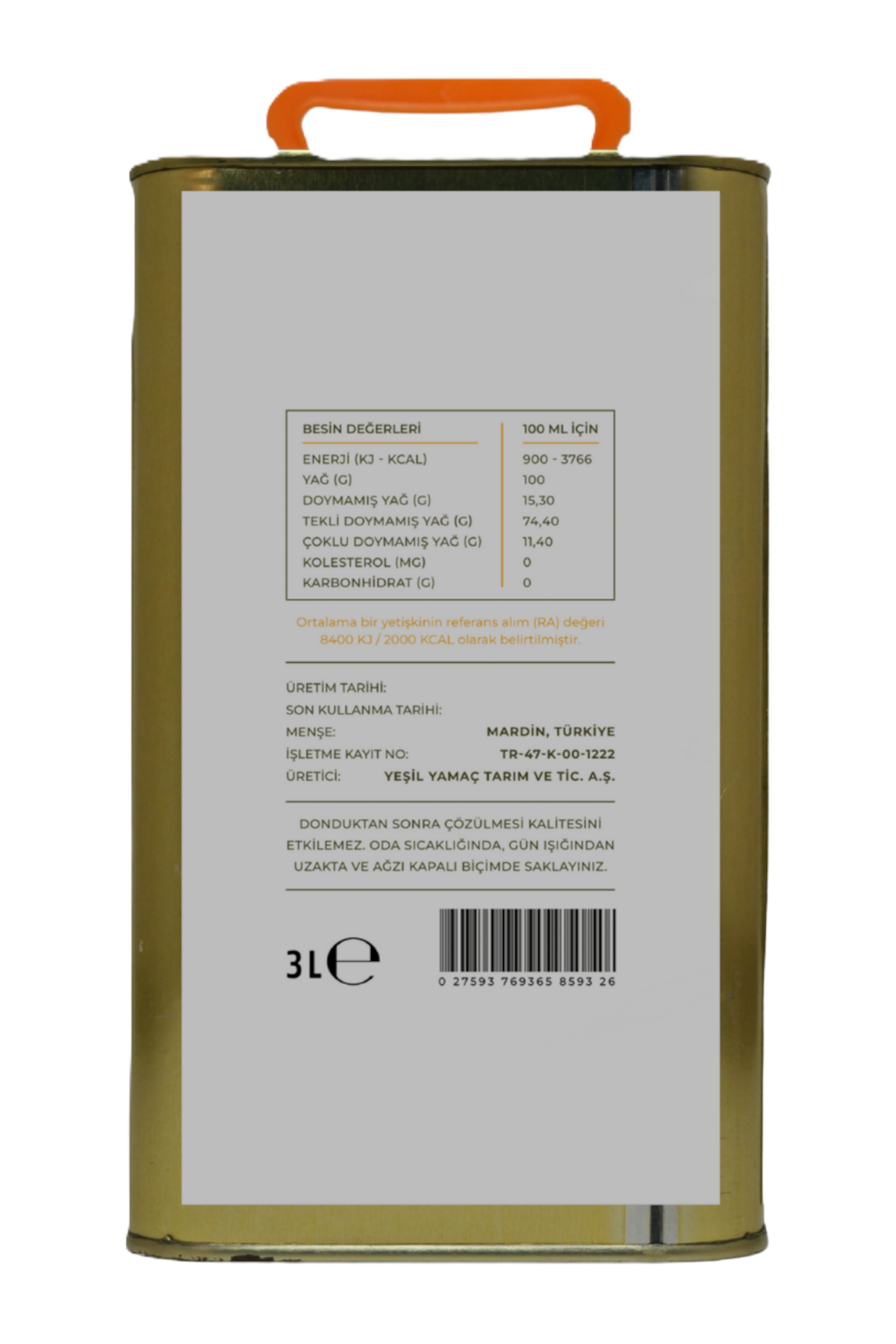 Soğuk Sıkım Naturel Sızma Orta Hasat Zeytinyağı (3 Lt)